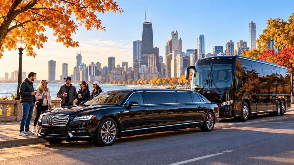 AI-generated illustration of a limousine and group bus beside the Chicago skyline in autumn